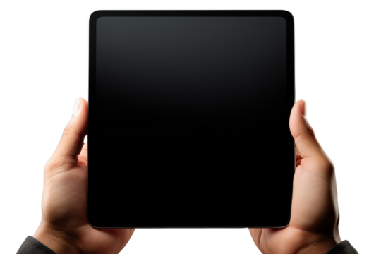 Person Holding a Black Tablet. A person is shown holding a black tablet in their hands, the devices screen illuminated. The individuals hands are visible, grasping the edges of the tablet.