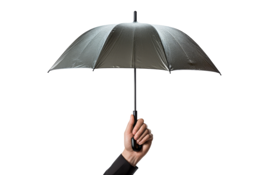 Hand Holding Umbrella. A hand is shown holding an umbrella with a white background. The umbrella is opened, providing coverage. The hand appears to be protecting against rain or sun.