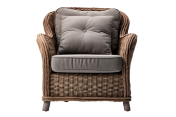 Wicker Chair With Cushion. A wicker chair with a cushion placed on top of it, situated in a simple and functional setting. On PNG Transparent Clear Background.