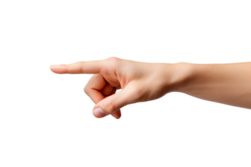 Hand Pointing at Object. A hand is seen pointing at something off screen. The index finger is extended, highlighting a specific subject or direction. On PNG Transparent Clear Background.