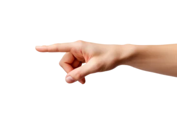Foto op Plexiglas Hand Pointing at Object. A hand is seen pointing at something off screen. The index finger is extended, highlighting a specific subject or direction. On PNG Transparent Clear Background. © Masood