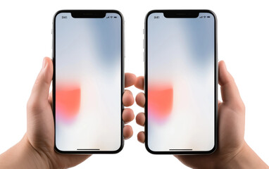 Person Holding Two phones. A person holding two Phones in their hands, showcasing modern technology and connectivity. On PNG Transparent Clear Background.