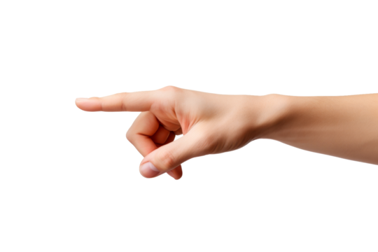 Hand Pointing at Object. A hand is seen pointing at something off screen. The index finger is extended, highlighting a specific subject or direction. On PNG Transparent Clear Background.