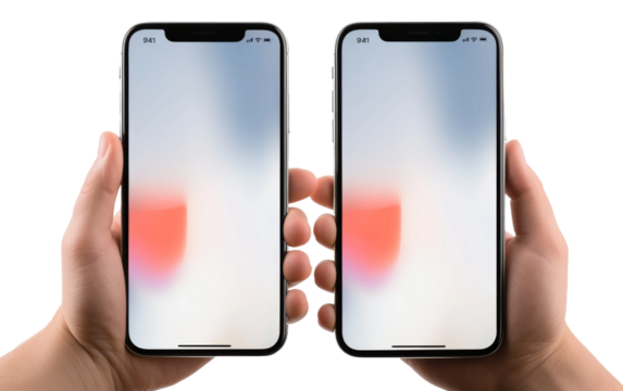 Person Holding Two phones. A person holding two Phones in their hands, showcasing modern technology and connectivity. On PNG Transparent Clear Background.