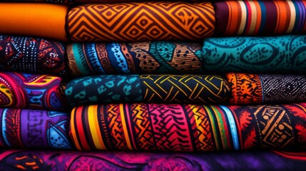 close-up shot, vibrant colors and intricate patterns of a traditional textile