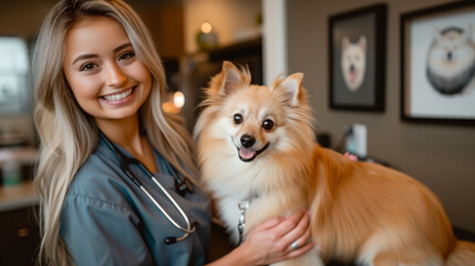 Young female veterinarian holding a pomeranian dog in a vet clinic