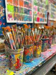 Obraz premium Matériel d'arts plastiques dans une classe d'école primaire, pinceaux, pots de peinture et dessin