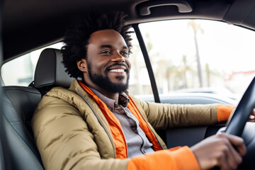 cheerful African American man sits behind the wheel of his new car