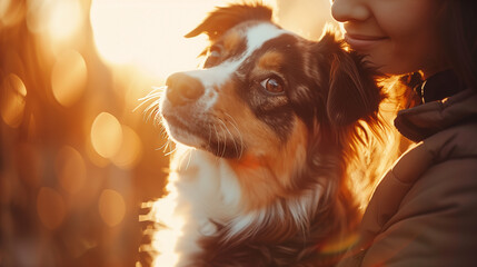 Portrait of a beautiful border collie dog in sunrise - obrazy, fototapety, plakaty