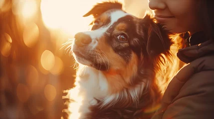 Gordijnen Portrait of a beautiful border collie dog in sunrise © Neat Design Studio
