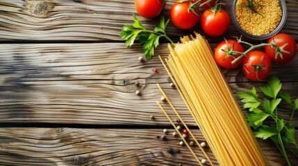 Spaghetti pasta with tomatoes and parsley on wooden table. - obrazy, fototapety, plakaty