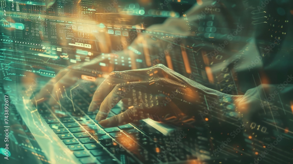 Poster technology business and working concept. woman hand using keyboard and notebook double exposure grap