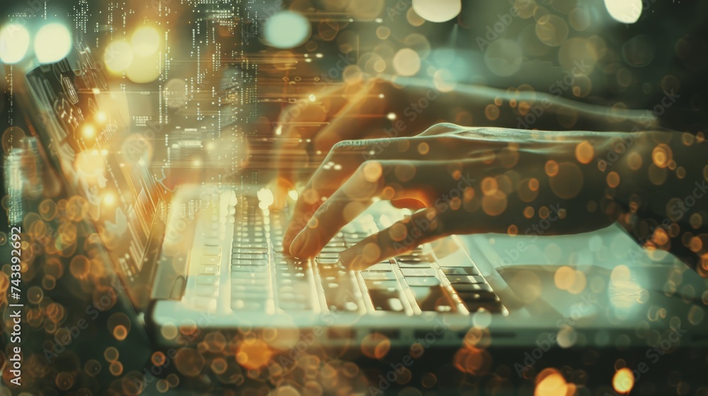 Poster technology business and working concept. woman hand using keyboard and notebook double exposure grap