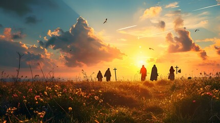 Thai monks walking in the rice fields at sunrise  - Powered by Adobe