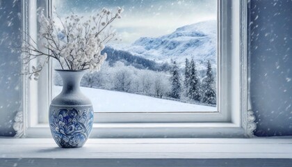 A delicate vase adorns a tall white window, resting on a white wooden table. A framed picture