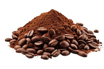 Pile of Coffee Beans Next to Ground Coffee Beans. A collection of coffee beans piled up next to a mound of ground coffee beans. On PNG Transparent Clear Background. - Powered by Adobe