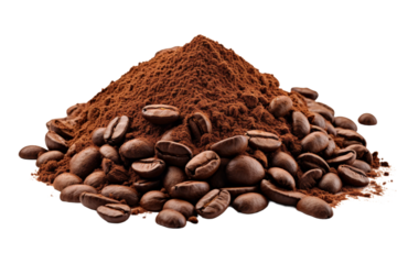 Pile of Coffee Beans Next to Ground Coffee Beans. A collection of coffee beans piled up next to a mound of ground coffee beans. On PNG Transparent Clear Background.