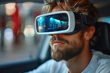 Caucasian man drives a car in 3D virtual glasses