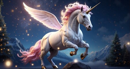 Create an animated scene of a unicorn soaring through a starlit sky, capturing the graceful flight, realistic celestial details, and the soft glow emanating from the unicorn's horn -Ai Generative