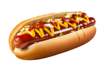 Hot Dog With Mustard and Ketchup on a Bun. A hot dog topped with mustard and ketchup nestled in a soft bun. On PNG Transparent Clear Background.