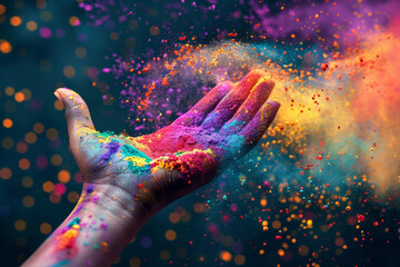 Hand holds vibrant colorful powder. Holi festival concept. Generative AI