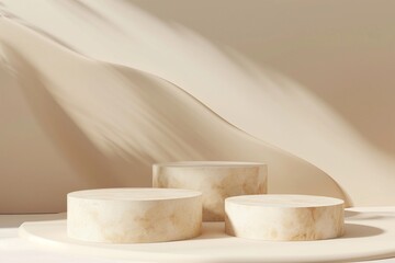 Three beige light podium for cosmetic product presentation