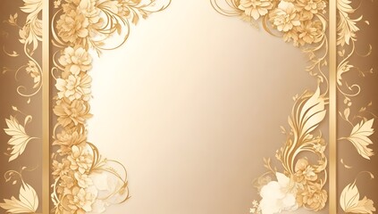 Golden Floral Background with Frame and Empty Beige Gradient Space. Vintage Design Element with Grunge Pattern for Wedding Invitations, Cards, and Decorative Backgrounds.