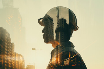 double exposure graphic design. Building engineers, architects people, or construction workers working on illustration of digital
building construction engineering