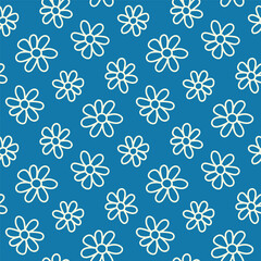 Small beautiful contour linear flowers isolated on a green-blue background. Cute monochrome floral seamless pattern. Vector simple flat graphic hand drawn illustration. Texture.