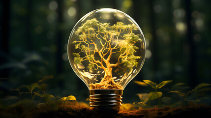 Fototapeta premium Tree Inside Light Bulb Illustration Against Natural Background