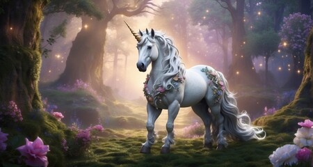 Animate a majestic unicorn in a lush enchanted forest, with ultra-realistic details in its iridescent coat, flowing mane, and expressive eyes, bringing to life the magic and beauty-Ai Generative