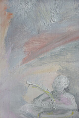 Poet writing at table with quill pen. White artistic background with space for text. Oil painting brush strokes texture.
