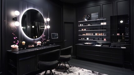 3d render interior of modern dressing room with black walls and dark wooden floor, ai generative