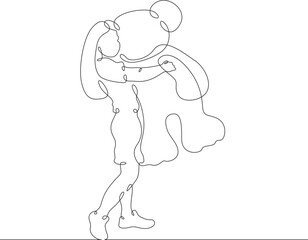 A small child hugs a large plush animal. Baby plays with a big toy. Toy plush bear. One continuous line . Line art. Minimal single line.White background. One line drawing.