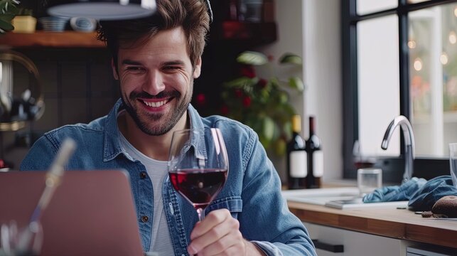 Smiling man drinking red wine while working on laptop in kitchen at home, ai generative