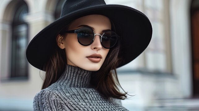 Fashion portrait of a beautiful young woman in a hat and sunglasses, ai generative