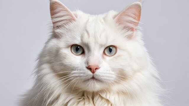 Portrait of White norwegian forest cat on grey background