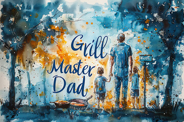Dad grills a burger or flips a steak on the barbecue and the phrase Grill Master Dad - obrazy, fototapety, plakaty