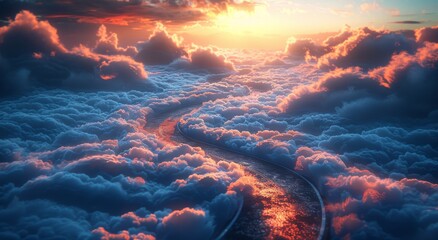 Golden hues paint the sky as a winding road leads through a sea of clouds, capturing the ethereal beauty of a sunset journey through nature's canvas - obrazy, fototapety, plakaty