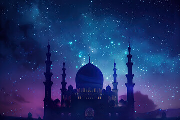 illustration a mosque at night in silhouette surrounded surrounded by twinkling stars. ramadan kareem banner background. ramadan kareem holiday celebration concept