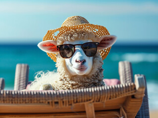 Funny curly wool sheep in a straw hat and sunglasses is relaxing on a chaise longue on the sea beach