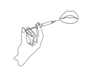 Continuous line beauty surgery concept. One line female lips and syringe, lip filters	