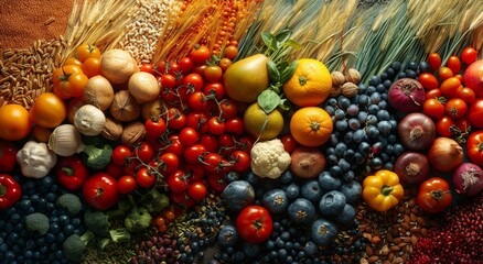 A colorful array of natural foods, including produce, local food, and superfoods, showcases the beauty and diversity of whole foods, with juicy seedless grapes stealing the show amidst the fresh outd