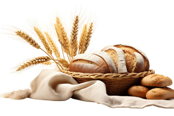 Basket Filled With Bread Beside Pile of Bread. A woven basket filled with freshly baked bread loaves sits next to a large, inviting pile of various bread types.