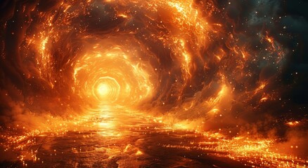 The fiery vortex of nature's fury glows with amber heat, casting sparks in a tunnel of molten lava