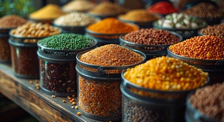 A vibrant assortment of spice containers, brimming with chili powder, berbere, masala, tandoori masala, and curry powder, create a mouth-watering scene at the bustling market, showcasing the diverse  - obrazy, fototapety, plakaty