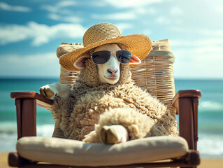 Funny curly wool sheep in a straw hat and sunglasses is relaxing on a chaise longue on the sea beach