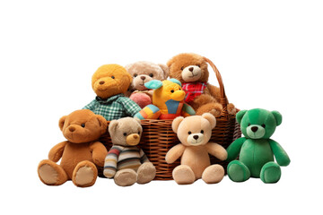 Group of Teddy Bears Sitting in a Basket. A cluster of various teddy bears sitting neatly arranged inside a wicker basket.