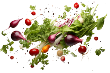 Carrots, bell peppers, tomatoes, and other vegetables Floating in the Air. Various types of colorful and fresh vegetables are seen airborne in this unique scene. 