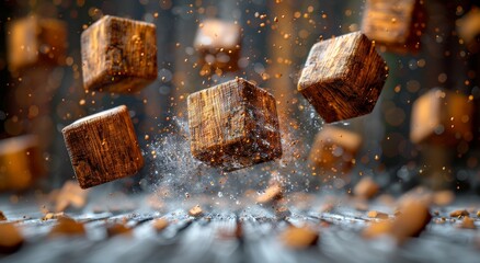 A flurry of wooden cubes cascading through the crisp winter air, a chaotic dance of nature and man-made objects in an outdoor setting